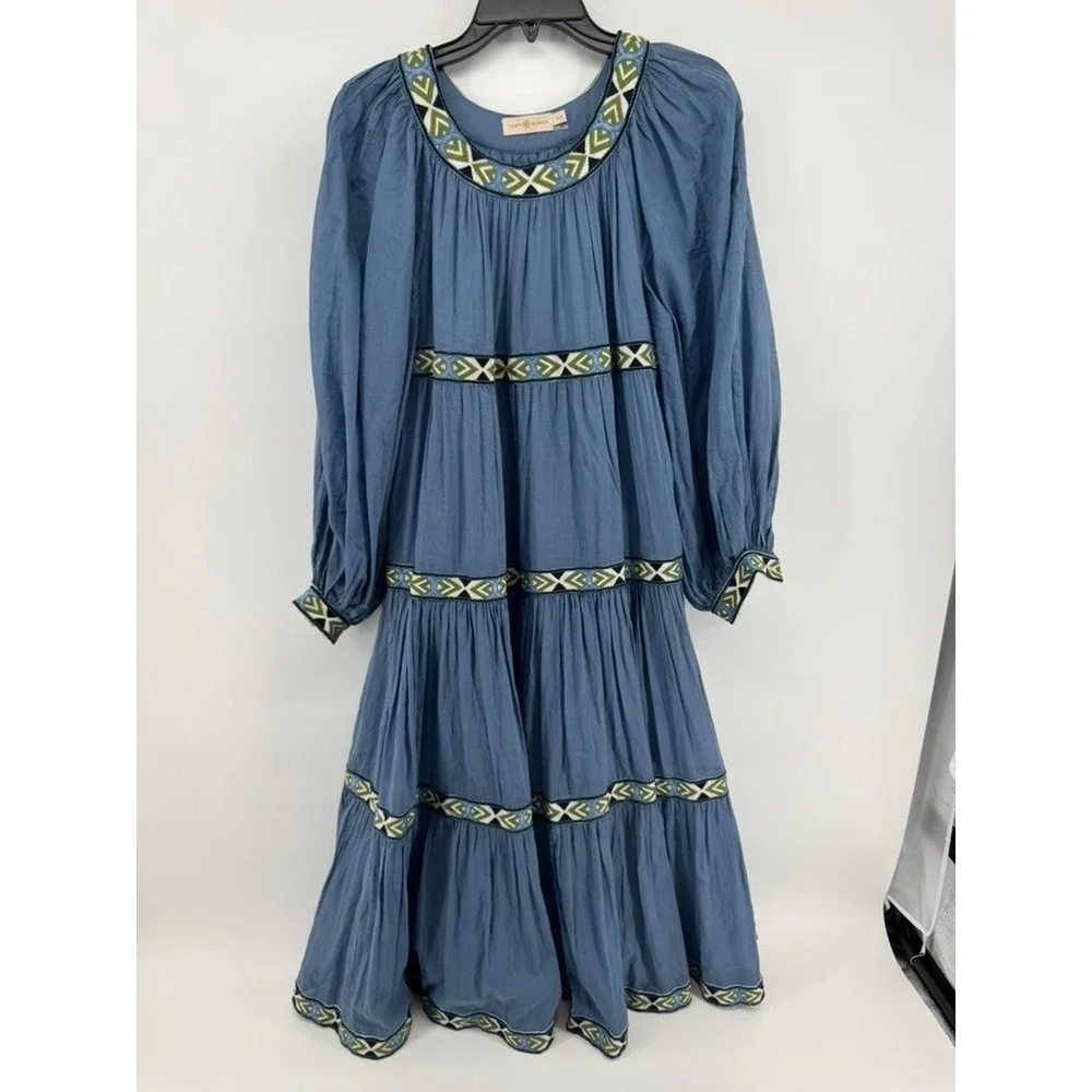 Tory Burch Blue Tiered Midi Dress Embroidered Long Sleeve Boho Peasant Women XS